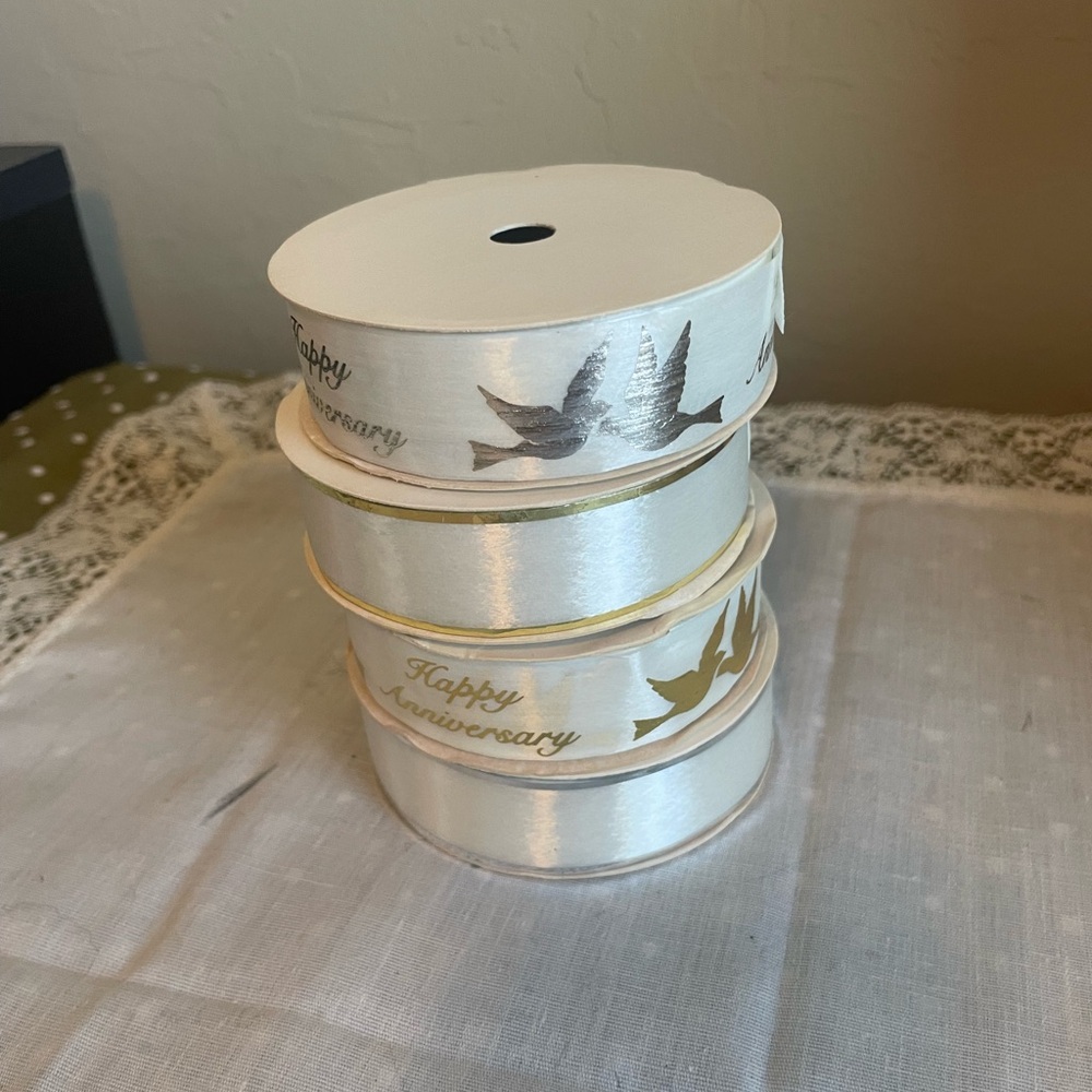 Elegant White and silver Anniversary Ribbon Set 4 rolls each 9ft